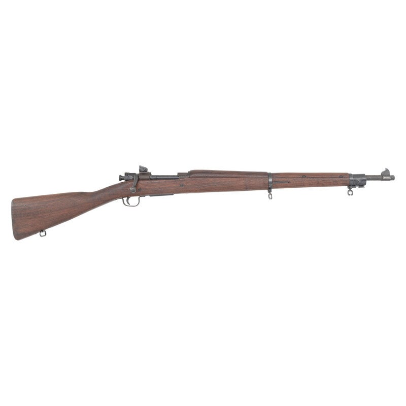 **Remington Model 1903A3: **Remington Model 1903A3World War II .30-06. 24" barrel length. SN: 4190592. Parkerized overall finish mounting walnut straight wrist stock with full length upper handguard. Bolt action internal