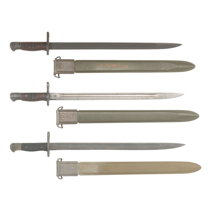 Group of Three US used M1913 and M1917 Bayonets: Group of Three US used M1913 and M1917 Bayonets World Wars & Vietnam 1) Remington Pattern 1913 British Bayonet overstamped for US use. 17" blade with blued ricasso, 21.75" overall. Screw retained