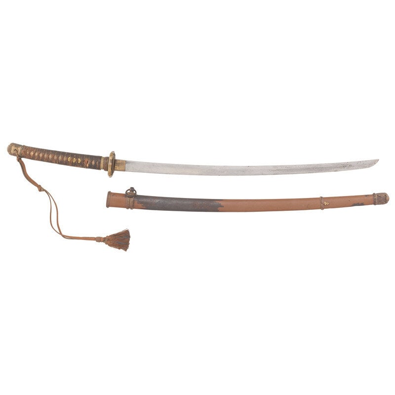 WWII Japanese Type 98 Shin Gunto with Mei: WWII Japanese Type 98 Shin Gunto with Mei 26.75" nagasa (blade length). 40.5" overall with tsuka (hilt) and saya (scabbard). Shinogi zukuri style blade with Chu-kissaki and Ihori mune set in Type 98