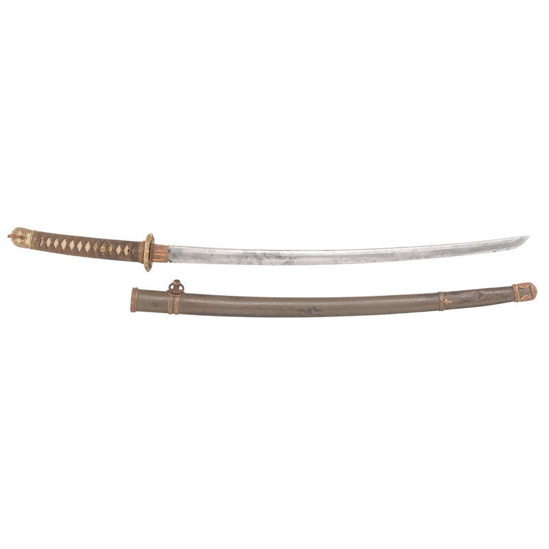 WWII Japanese Type 98 Shin Gunto: WWII Japanese Type 98 Shin Gunto 26.25" nagasa (blade length). 39.5" overall with tsuka (hilt) and saya (scabbard). Shinogi-zukuri blade with O-kissaki, Ihore mune, and a sugu (flat) hamon line. The