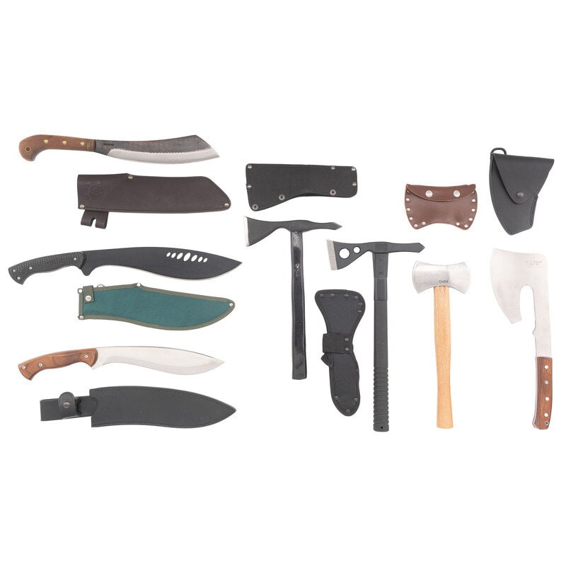 Group of 7 Knives and Hatchets: Group of 7 Knives and Hatchets 1) Chinese Kukri style machete with 13" blackened blade, 19" in overall length and a green synthetic sheath. About Fine showing little use. 2) An A.G. Russell/ITALY