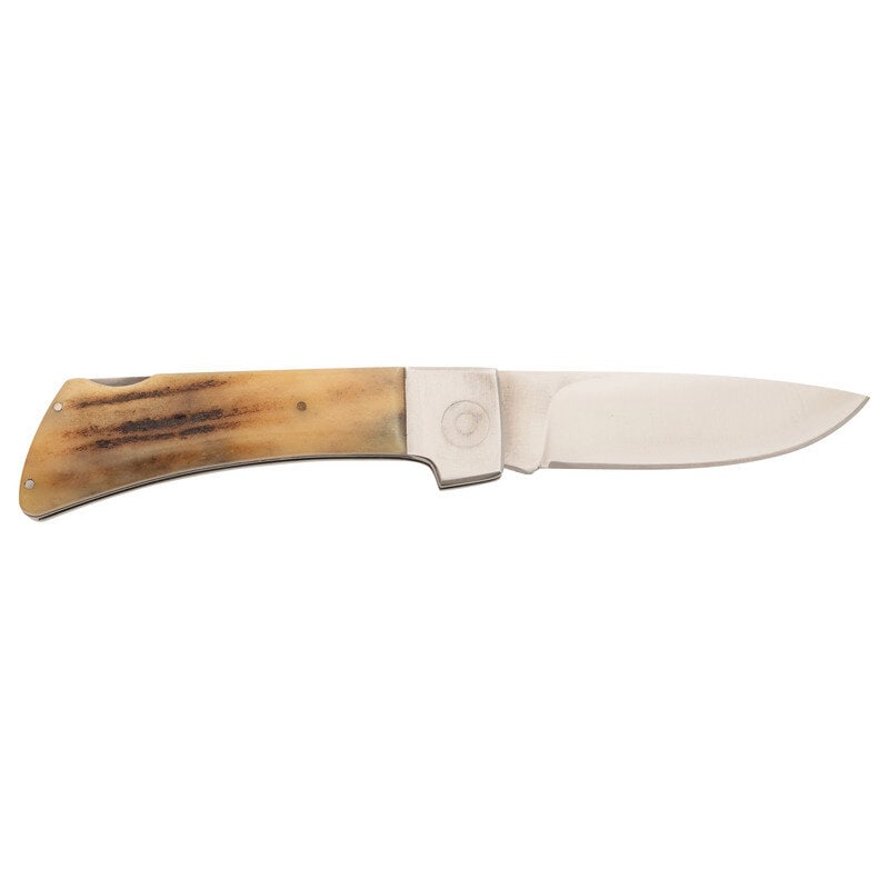 Early Jimmy Lile Lockback Folding Knife, Staghorn Handle, Full Name Engraved on Blade: Early Jimmy Lile Lockback Folding Knife, Staghorn Handle, Full Name Engraved on Blade 2.75" blade length. 7" overall with hilt. Straight single edge drop point lockback folding knife featuring