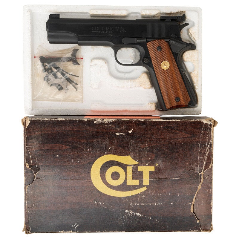 *Colt MK IV Series 80 Government Model with Bo-Mar Sights in Box: *Colt MK IV Series 80 Government Model with Bo-Mar Sights in Box .45 ACP. 5" barrel length. SN: FG34475. Blued finish with matte rounds and polished flanks featuring matte finished adjustable