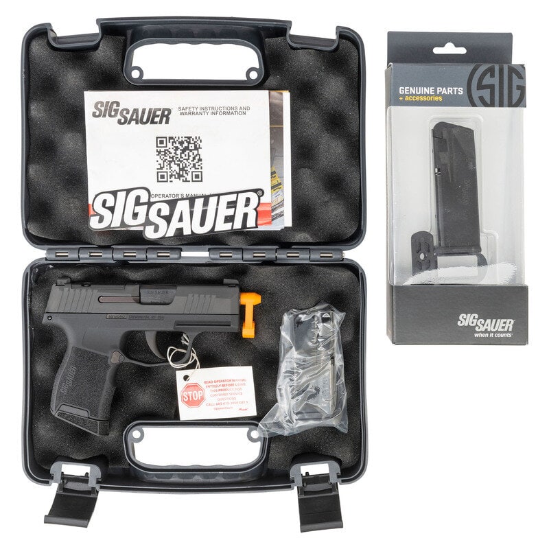 *Sig P365 in Box with Accessories: *Sig P365 in Box with Accessories 9mm Para. 3.1" barrel length. SN: 66F860562. Black Nitron finish with textured black synthetic frame mounting triple dot tritium night sights, and a slide cut for opt