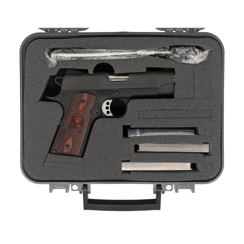*Springfield Armory Range Officer Compact 9mm with Case: *Springfield Armory Range Officer Compact 9mm with Case 9mm. 4" barrel length. SN: LW 171901. Parkerized finish slide and aluminum alloy frame mounting checkered wood grip panels and stainless bull