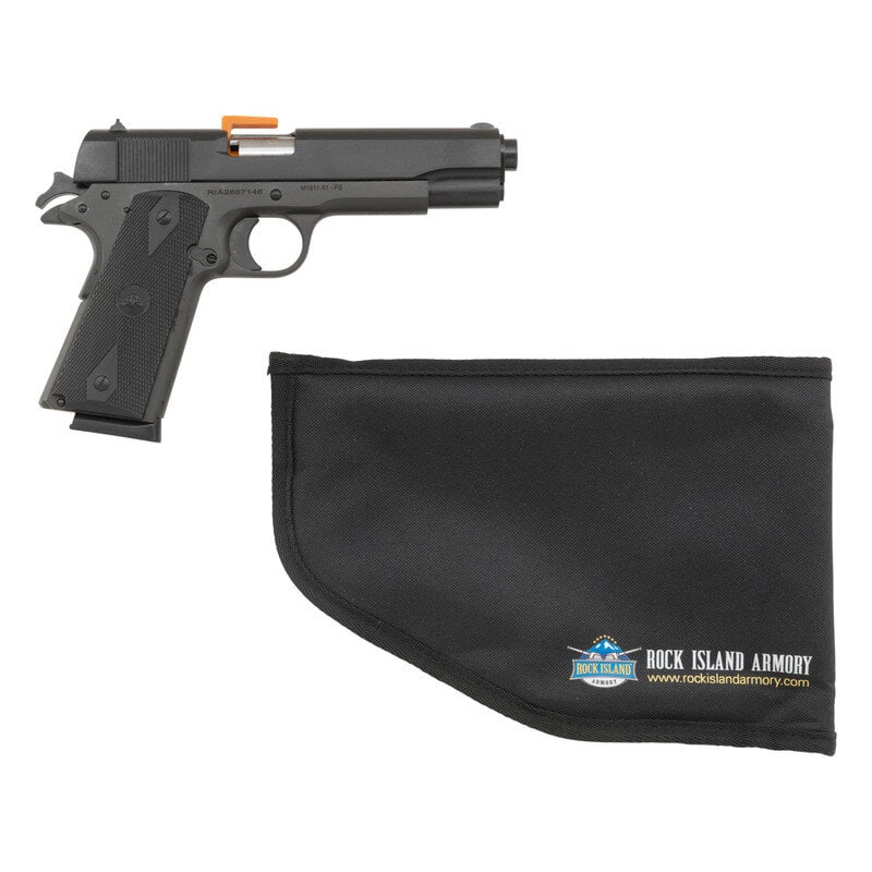 *Rock Island Armory M1911A1: *Rock Island Armory M1911A1 .45 ACP. 5" barrel length. SN: RIA2867146. Parkerized finish overall with rubberized grip panels featuring molded checkering and diamonds. Single action short recoil