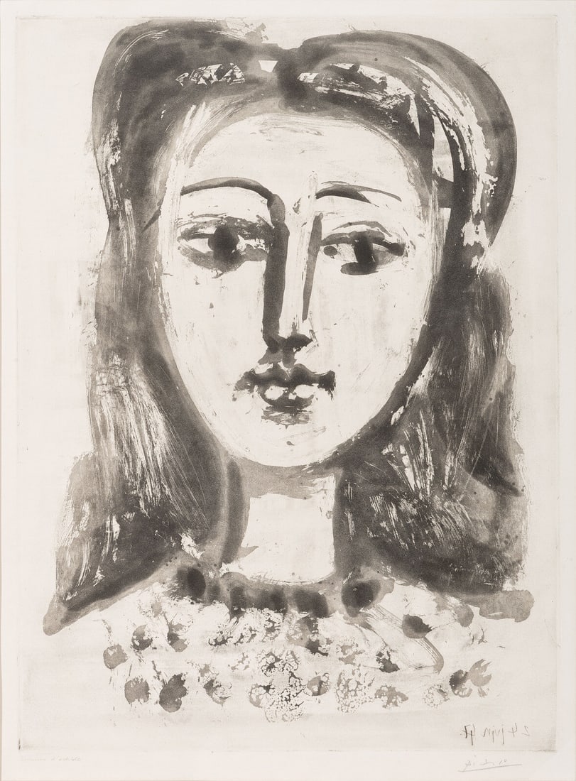 Pablo Picasso (Spanish, 1881-1973) Portrait de Françoise aux Cheveux Flous, 1947: Pablo Picasso (Spanish, 1881-1973) Portrait de Françoise aux Cheveux Flous, 1947 aquatint on Arches paper signed and inscribed 'épreuve d'artiste' in pencil; one of about 15 artist proofs as