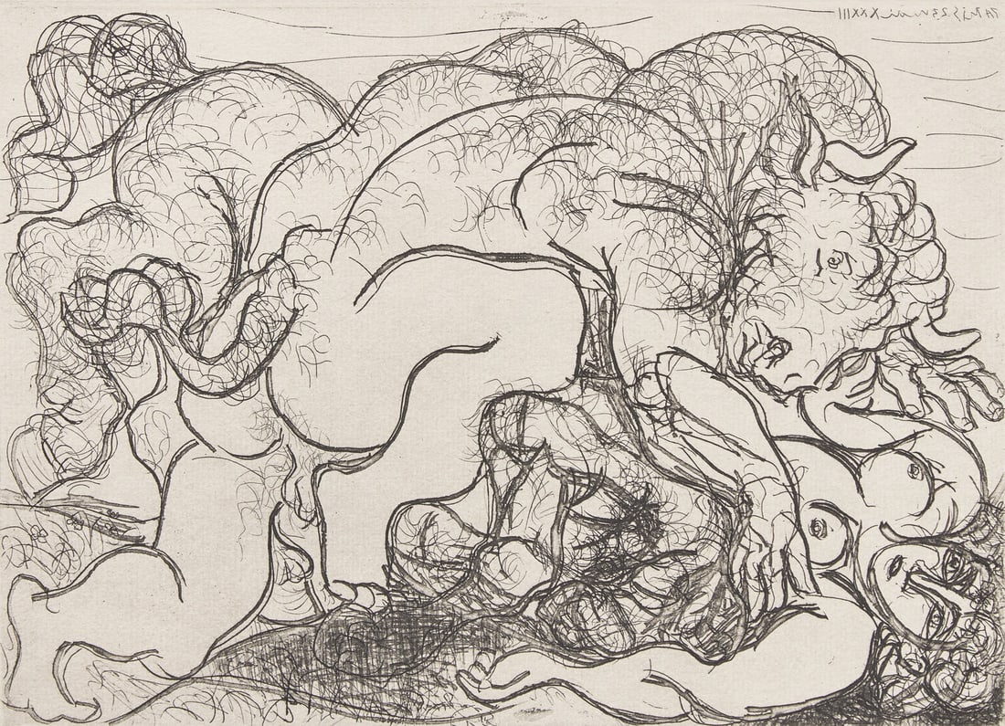 Pablo Picasso (Spanish, 1881-1973) Minotaure attaquant une Amazone (from La Suite Vollard), 1933: Pablo Picasso (Spanish, 1881-1973) Minotaure attaquant une Amazone (from La Suite Vollard), 1933 etching on Montval laid paper with Picasso watermark signed in pencil; from the edition of 260 7 5/8 x