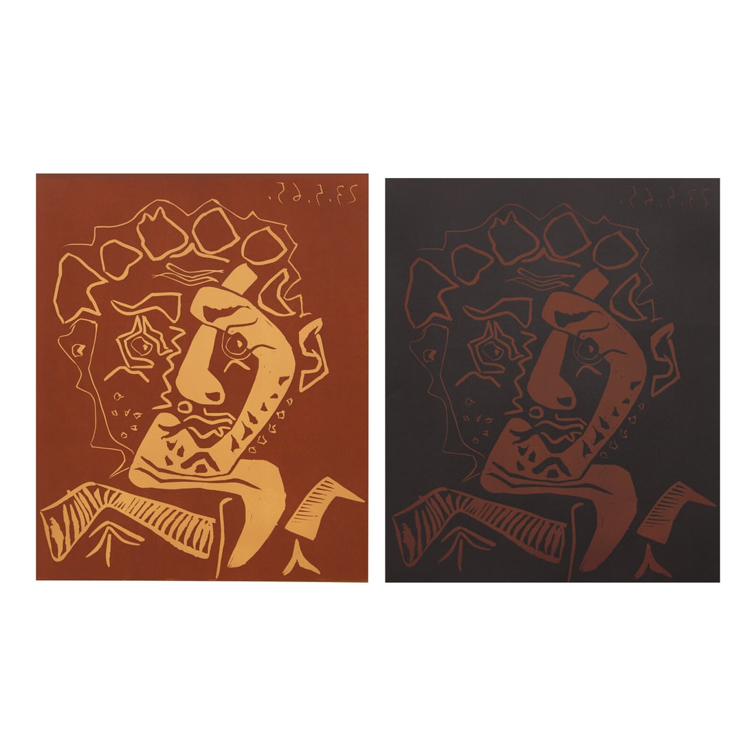 Pablo Picasso (Spanish, 1881–1973) Tête d'Histrion (Le Danseur) (2 works), 1965: Pablo Picasso (Spanish, 1881–1973) Tête d'Histrion (Le Danseur) (2 works), 1965 linocuts in colors each on Arches paper two trial proofs, aside from the edition of 220; each inkstamped 'Imp