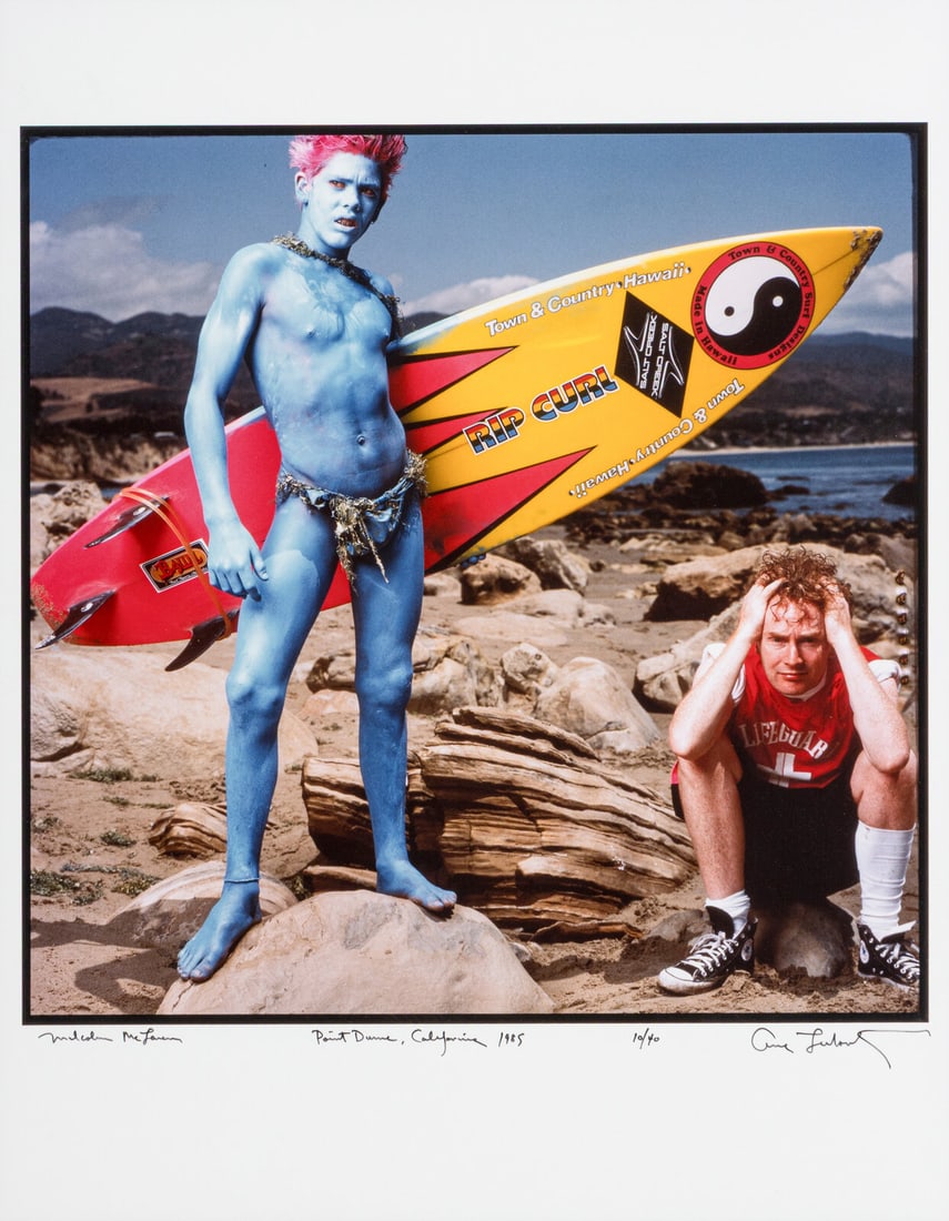 Annie Leibovitz (American, b. 1949) Malcolm McLaren and Christian Fletcher, Point Dume, California,: Annie Leibovitz (American, b. 1949) Malcolm McLaren and Christian Fletcher, Point Dume, California, 1985 archival pigment print signed, titled, dated, and numbered 10/40 in ink 14 1/8 x 14 1/8 inches.