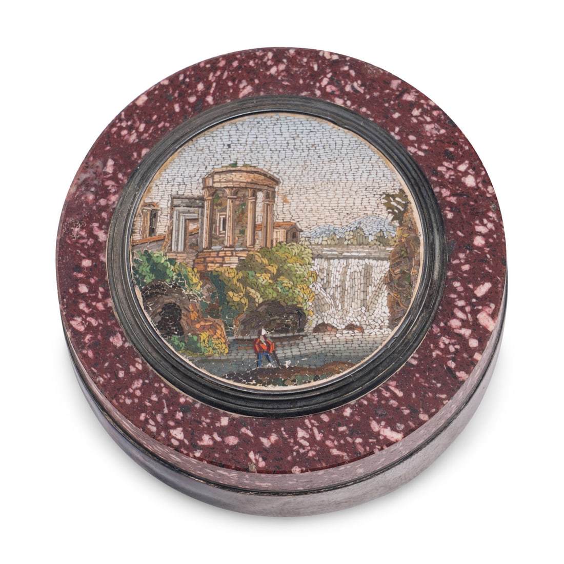 An Italian Micromosaic-Inset Porphyry Circular Box (1 of 4)