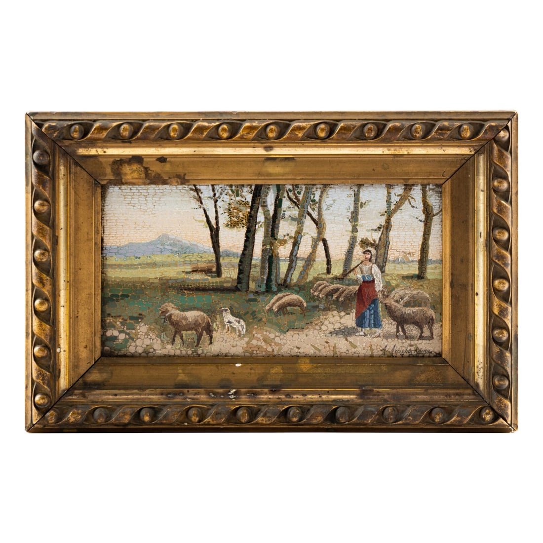 An Italian Micromosaic Plaque: An Italian Micromosaic Plaque 19th Century depicting a pastoral scene, signed 'A. Arighi, Roma' in the lower right corner. Height of plaque 3 1/2 x width 7 inches (sight). Property of a California Col