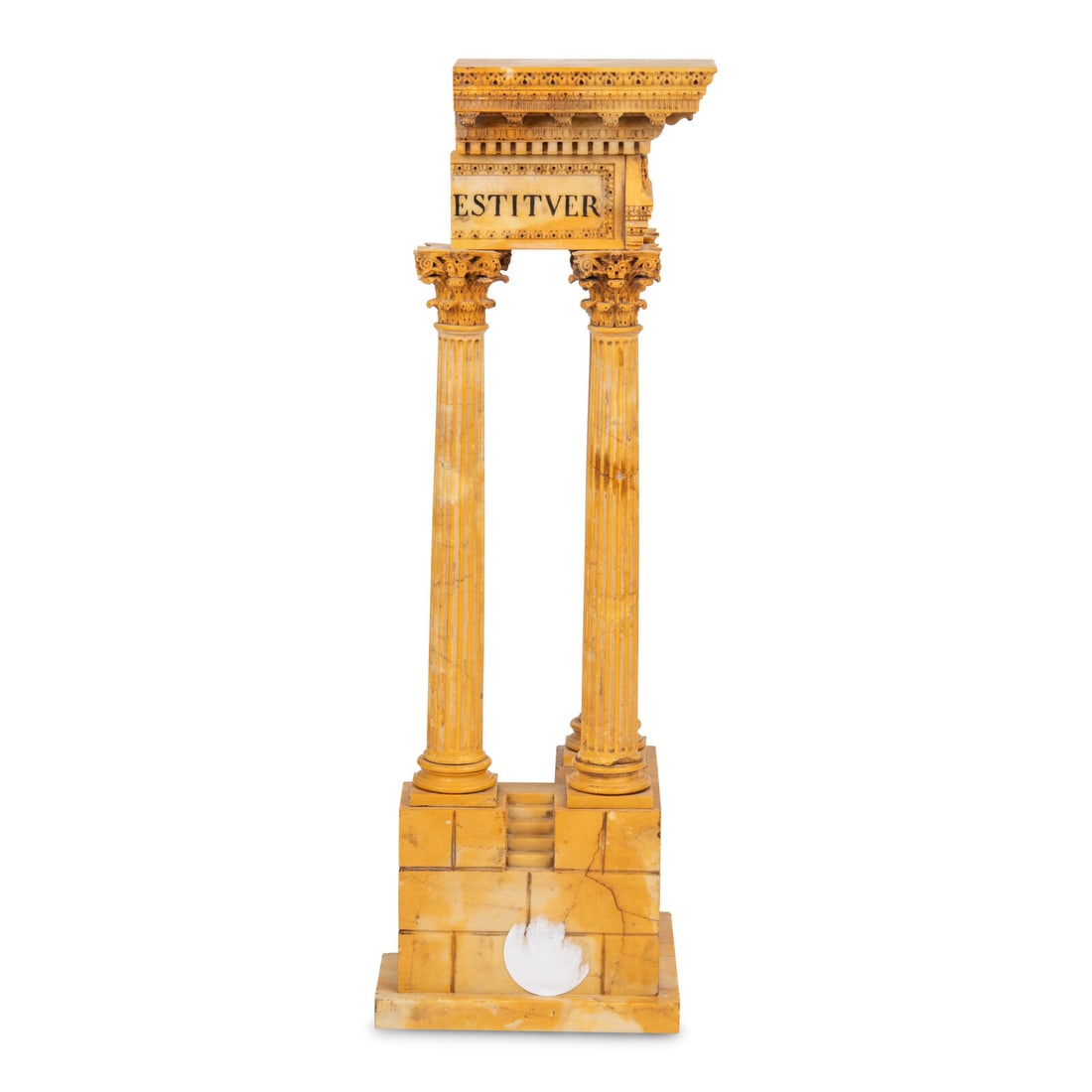 A Grand Tour Marmo Giallo Antico Marble Model of the Temple of Vespasian and Titus: A Grand Tour Marmo Giallo Antico Marble Model of the Temple of Vespasian and Titus Second Half 19th Century Height 21 1/2 x width 7 x depth 7 inches. Property from the Estate of Bliss Hebert and