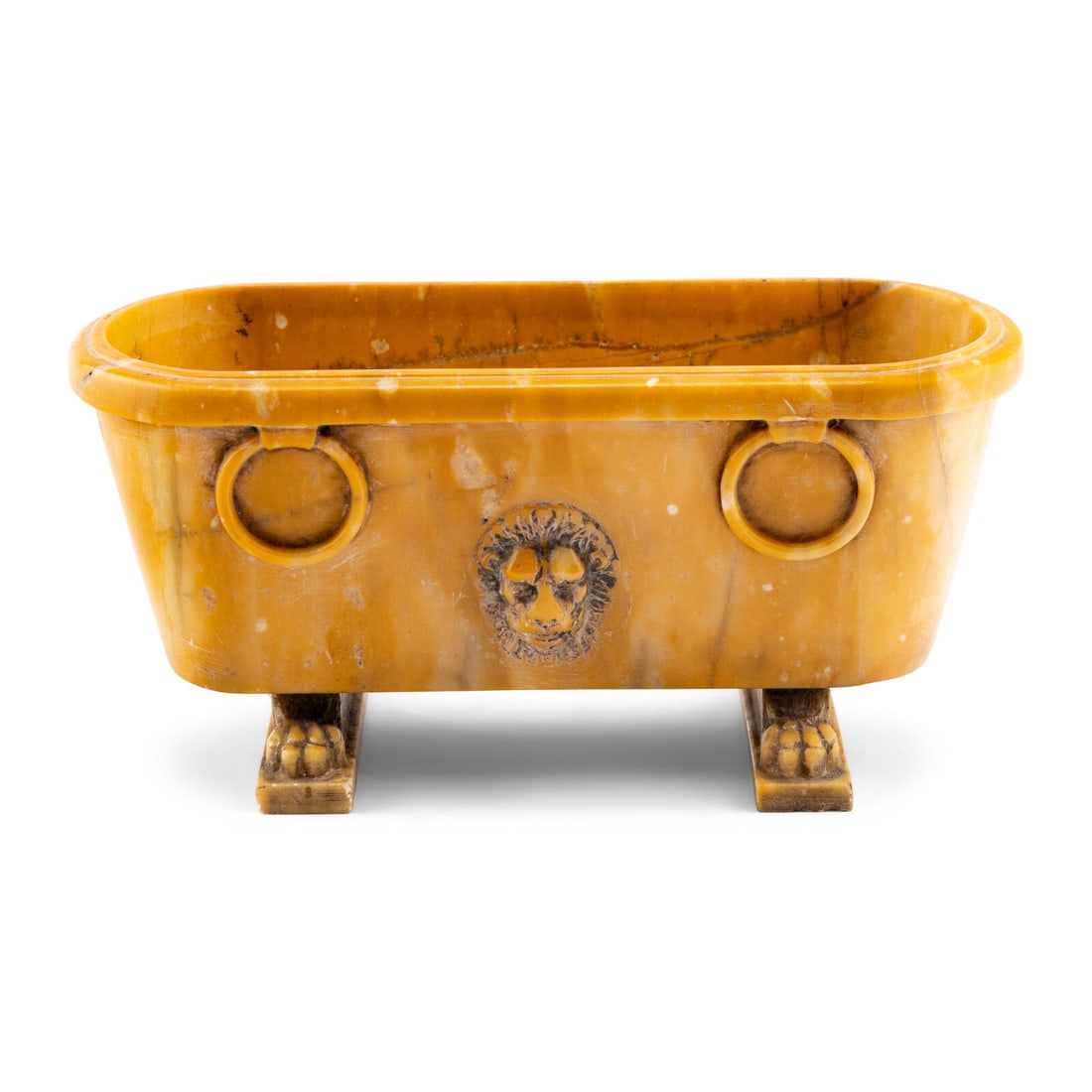 A Grand Tour Marmo Giallo Antico Marble Sarcophagus: A Grand Tour Marmo Giallo Antico Marble Sarcophagus 19th Century with lion head carved in relief, the sarcophagus resting on lion paw feet. Height 3 1/4 x width 6 1/2 inches. Property from the Estate