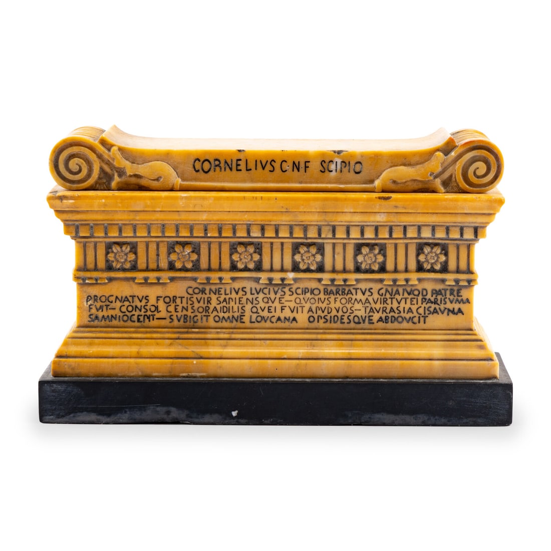 A Grand Tour Marmo Giallo Antico Model of the Sarcophagus of Lucius Cornelius Scipio: A Grand Tour Marmo Giallo Antico Model of the Sarcophagus of Lucius Cornelius Scipio 19th Century the base inscribed with the epitaph describing Scipio's wisdom and military conquests. Height 4 7/8 x