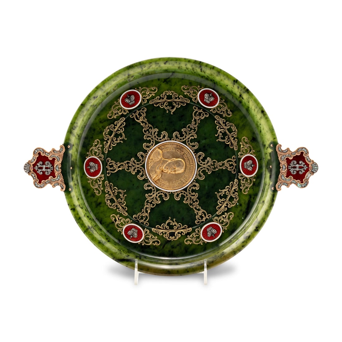 A Nephrite, Gold-Mounted, Gemstone-Inset and Guilloché Enamel Presentation Dish (1 of 4)
