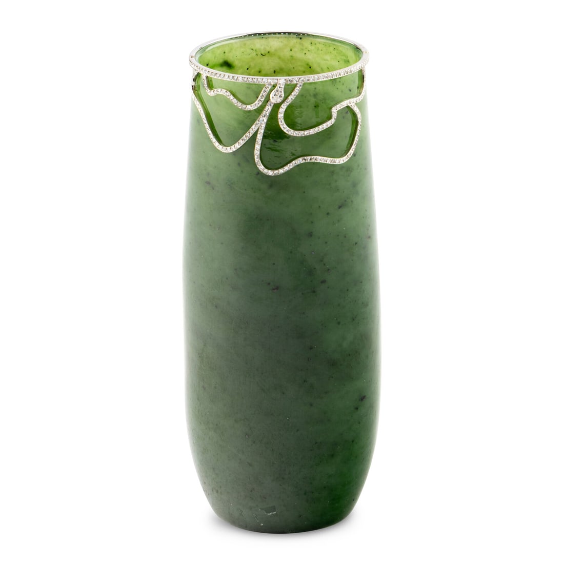 A Nephrite, Platinum and Diamond Mounted Vase: A Nephrite, Platinum and Diamond Mounted Vase the rim stamped 'Pt950' for platinum and bearing a small gavel hallmark, indicating that the vase was imported into Switzerland for auction. Height 5 1/2