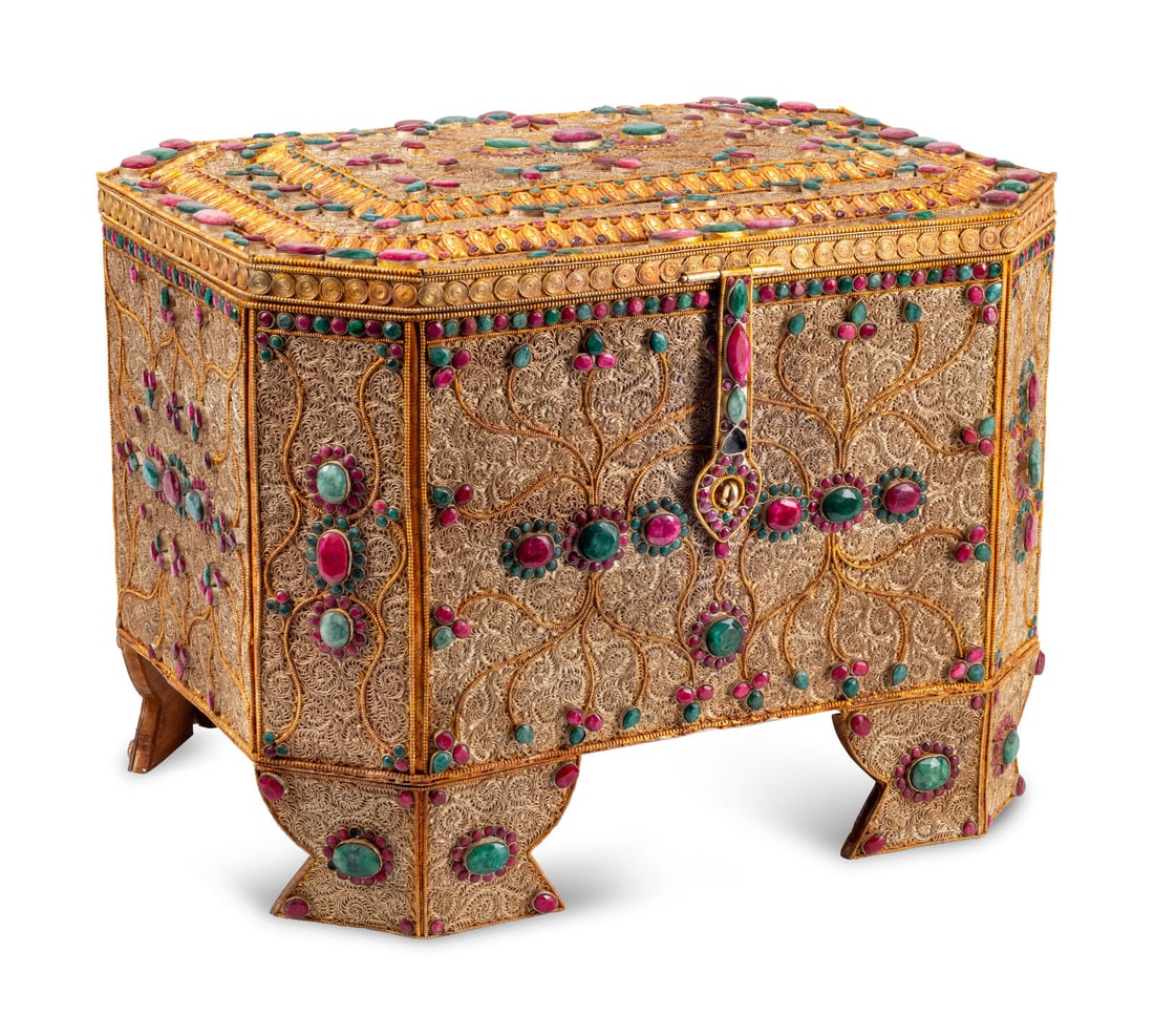 A Ruby and Emerald-Mounted Silvered and Gilt Filigree Table Casket (1 of 6)
