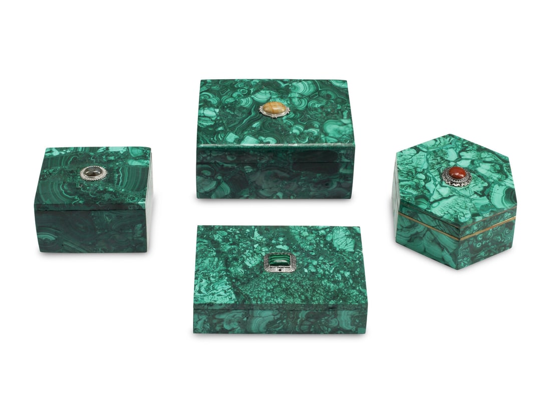 A Group of Four Malachite Boxes: A Group of Four Malachite Boxes 20th Century Height of largest 2 3/4 x width 6 x depth 4 inches. This lot is located in Chicago.