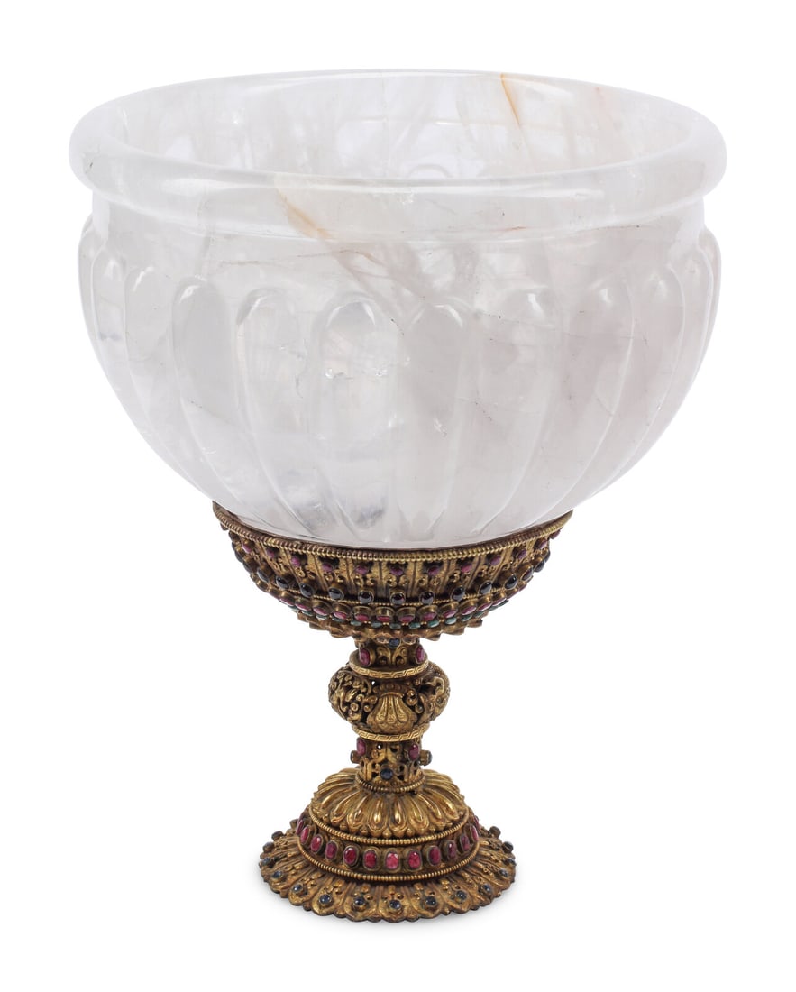 A Large Rock Crystal Bowl on a Jeweled Gilt Metal Base (1 of 4)