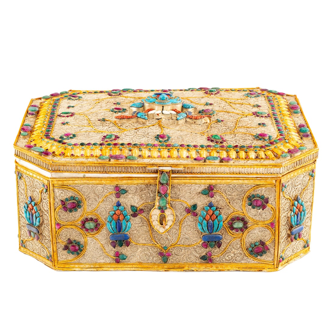 A Large Silvered and Gilt Filigree and Jeweled Box (1 of 4)
