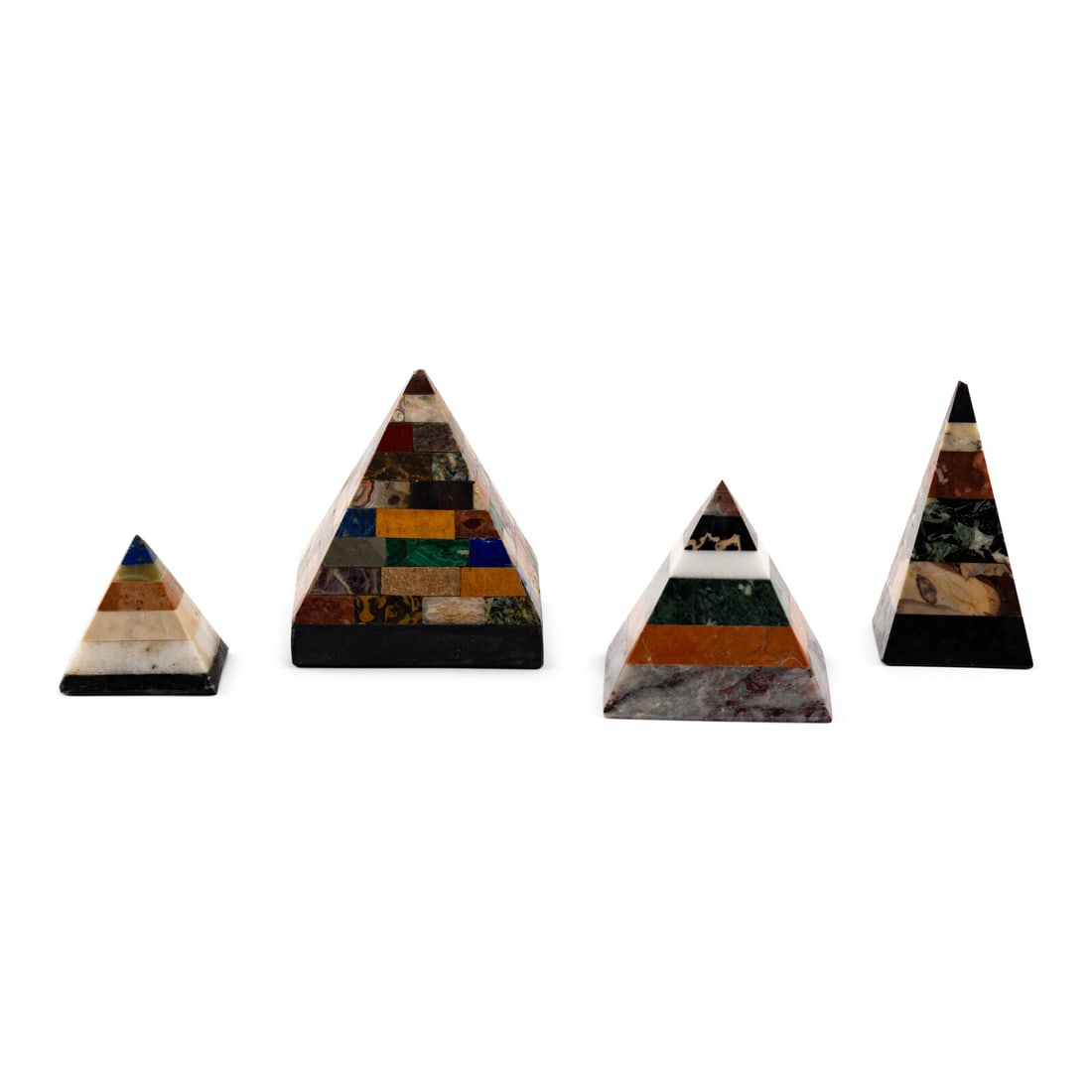 Four Specimen Hardstone Pyramid-Form Paperweights: Four Specimen Hardstone Pyramid-Form Paperweights 19th/20th Century Height of tallest 4 1/4 inches. Property from the Estate of Bliss Hebert and Allen Charles Klein, Miami, Florida This lot is located