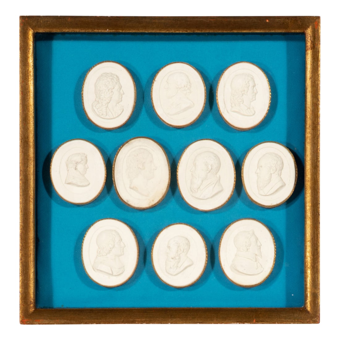 A Collection of Grand Tour Plaster Intaglios: A Collection of Grand Tour Plaster Intaglios Late 19th/Early 20th Century comprising twenty-two in an oval mahogany frame with velvet lining and ten in a rectangular giltwood frame with canvas lining.
