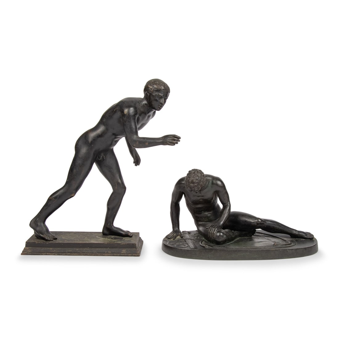 Two Grand Tour Style Figures: Two Grand Tour Style Figures After the Antique, 19th/20th Century, including a patinated cast metal Runner and a bronze after The Dying Gaul. Height of taller 11 1/2 x width 4 1/2 x depth 10 inches. P