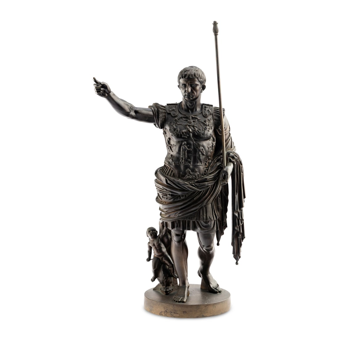 An Italian Bronze Model of Augustus of Prima Porta: An Italian Bronze Model of Augustus of Prima Porta Cast by Boschetti, Rome, 19th Century Height 30 x width 20 inches. Property from the Estate of Bliss Hebert and Allen Charles Klein, Miami, Florida T