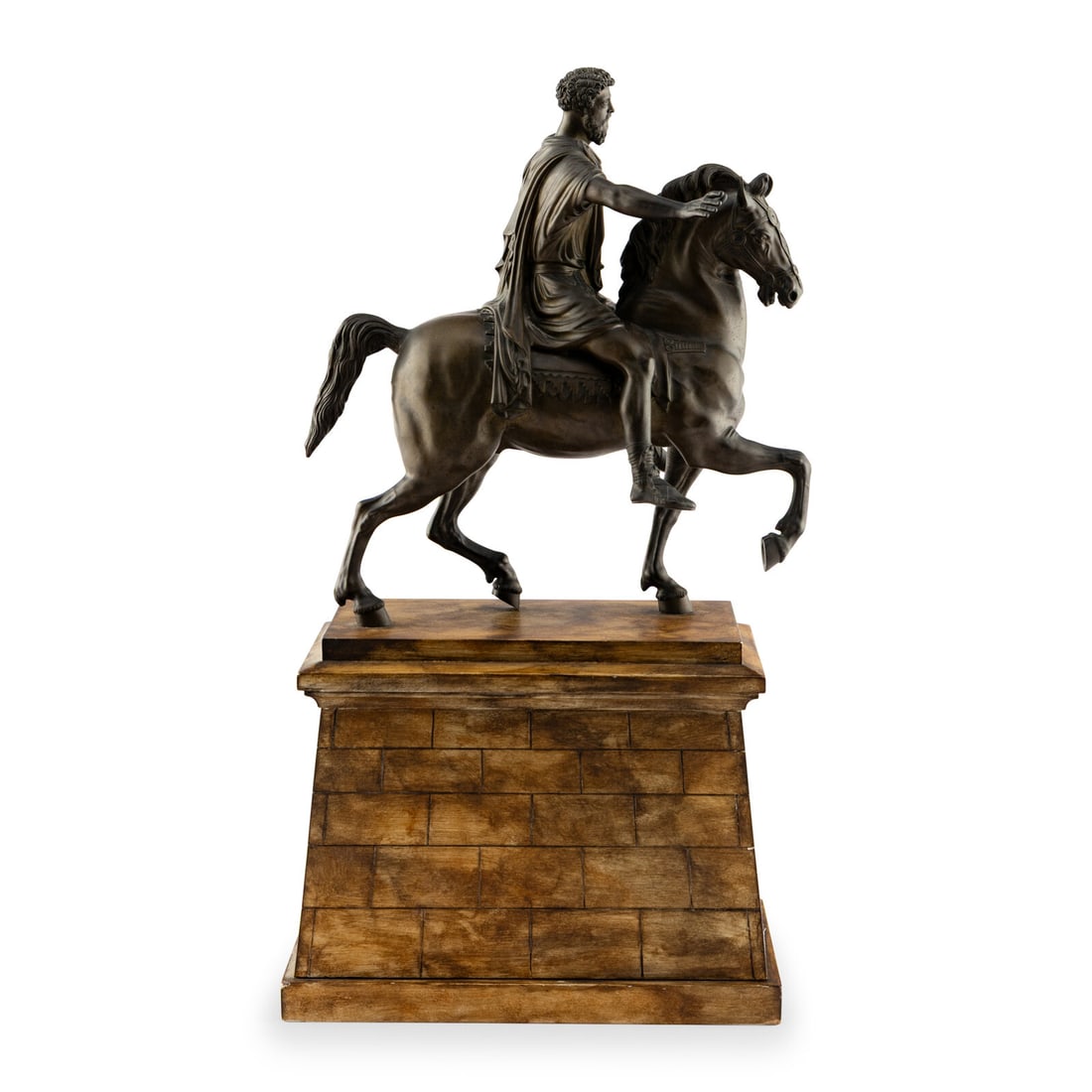 A Grand Tour Bronze Equestrian Model of Marcus Aurelius: A Grand Tour Bronze Equestrian Model of Marcus Aurelius After the Antique, Late 19th Century mounted to a painted wood base. Height overall 25 1/2 x width 8 1/4 x depth 13 1/4 inches. Property from th