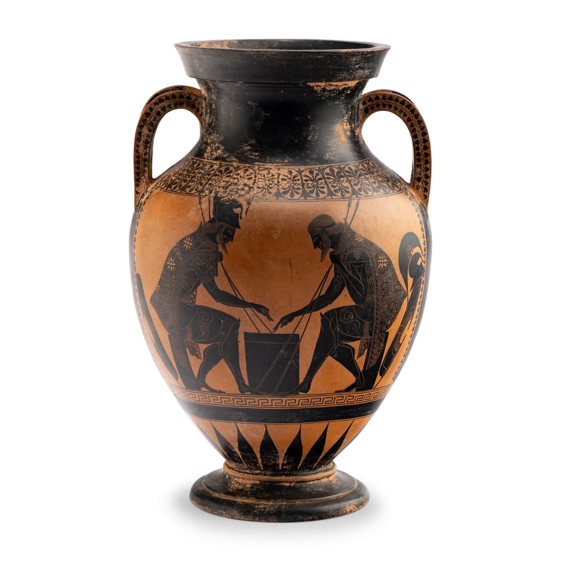 An Attic Style Black-Figure Amphora: An Attic Style Black-Figure Amphora 19th Century one side depicting Achilles and Ajax playing dice. Height 20 1/2 x width over handles 13 x depth 12 inches. Property from the Estate of Bliss Hebert an