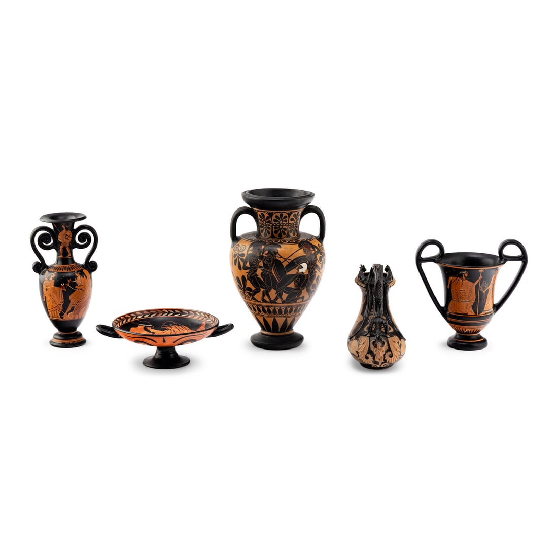 Five Attic Style Red-Figure and Black-Figure Vessels: Five Attic Style Red-Figure and Black-Figure Vessels 20th Century three "museum copies," one marked Orvietto and the askos unmarked. Height of largest 12 inches. Property from the Estate of Bliss Hebe