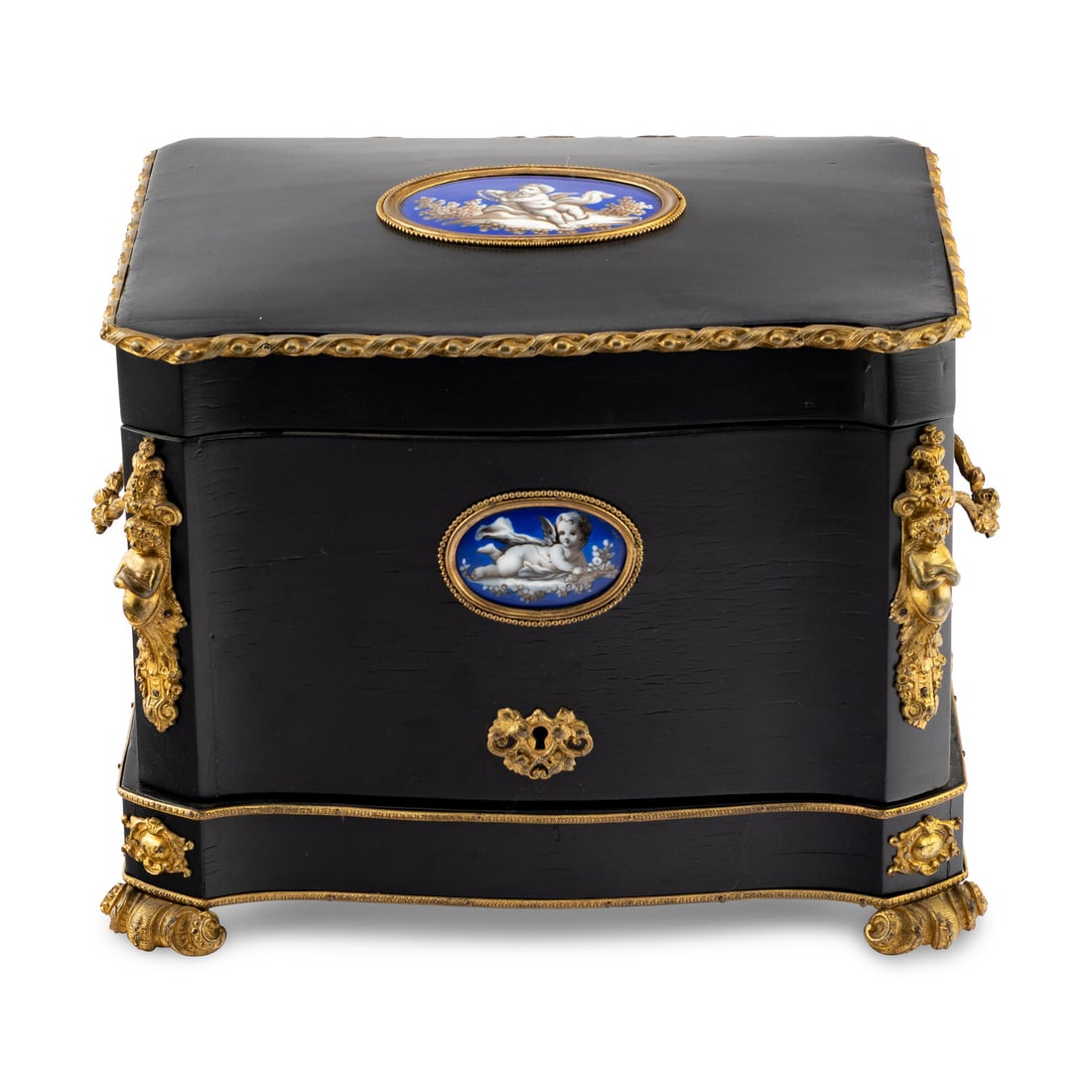 A French Gilt Bronze Mounted Rosewood Cave à Liqueur: A French Gilt Bronze Mounted Rosewood Cave à Liqueur 19th Century in an associated porcelain-inset ebonized case. Height overall 11 x width 14 x depth 10 1/2 inches. Property of a California Coll