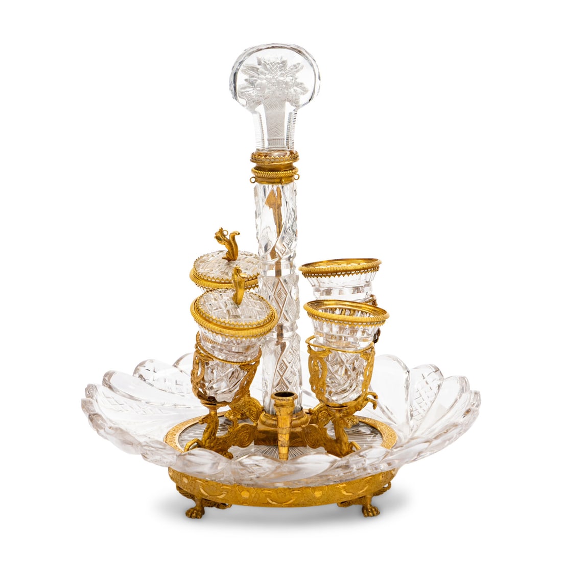 A Charles X Gilt Bronze Mounted Sulphide and Cut Glass Desk Stand: A Charles X Gilt Bronze Mounted Sulphide and Cut Glass Desk Stand 19th Century Height 9 x width 7 1/2 x depth 7 inches. Property of a California Collector This lot is located in Chicago. Provenance: B