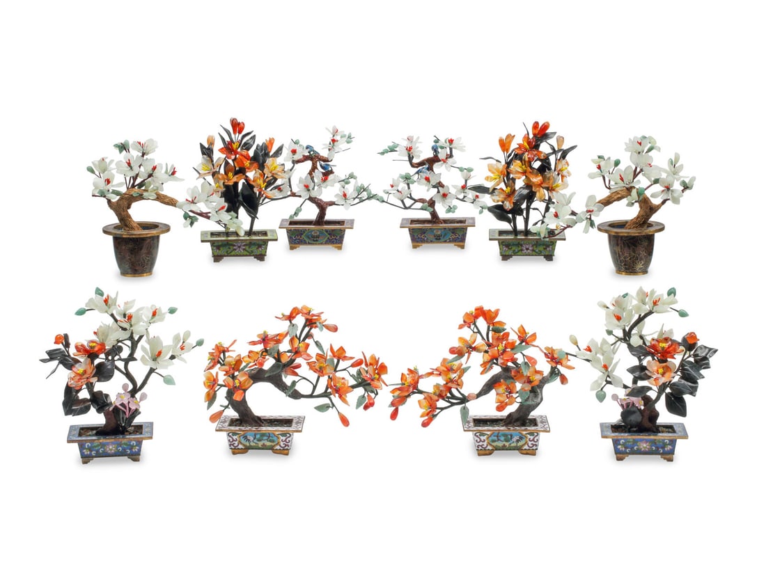 Five Pairs of Chinese Hardstone Models of Trees with Cloisonné Bases (1 of 3)