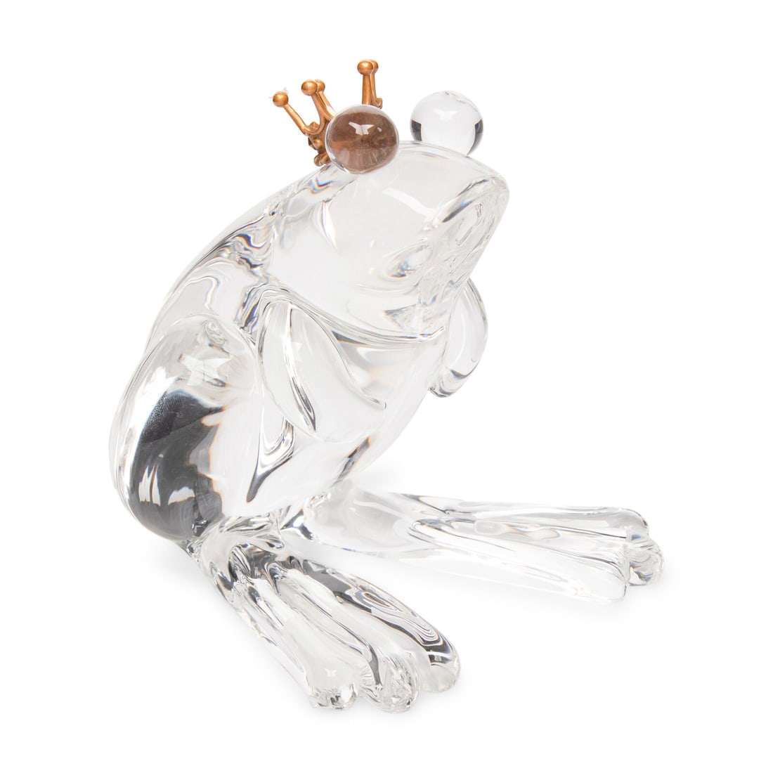 A Steuben Glass and 18 Karat Gold Frog Prince Sculpture: A Steuben Glass and 18 Karat Gold Frog Prince Sculpture Designed by Lloyd Atkins model 1031, signed 'Steuben' to underside. Height 6 x width 5 1/2 x depth 5 1/4 inches. Property of a California Collec