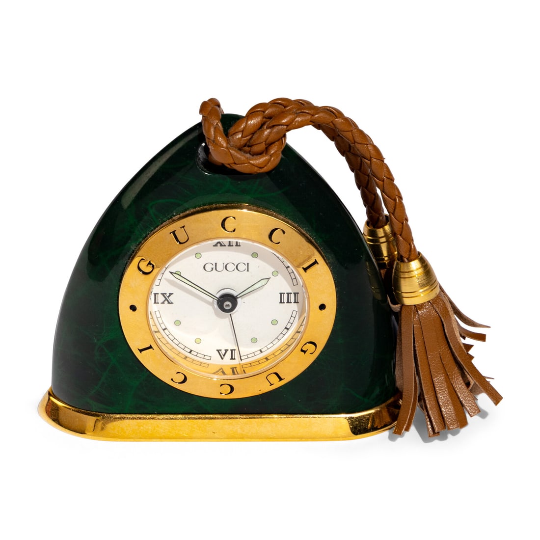 A Gucci Simulated-Malachite and Gilt-Metal Mounted Desk Clock: A Gucci Simulated-Malachite and Gilt-Metal Mounted Desk Clock Late 20th Century with Gucci retail box and papers, the underside of clock stamped 'Gucci/ Registered Model/ No. 002106'. Height 3 1/2 x w