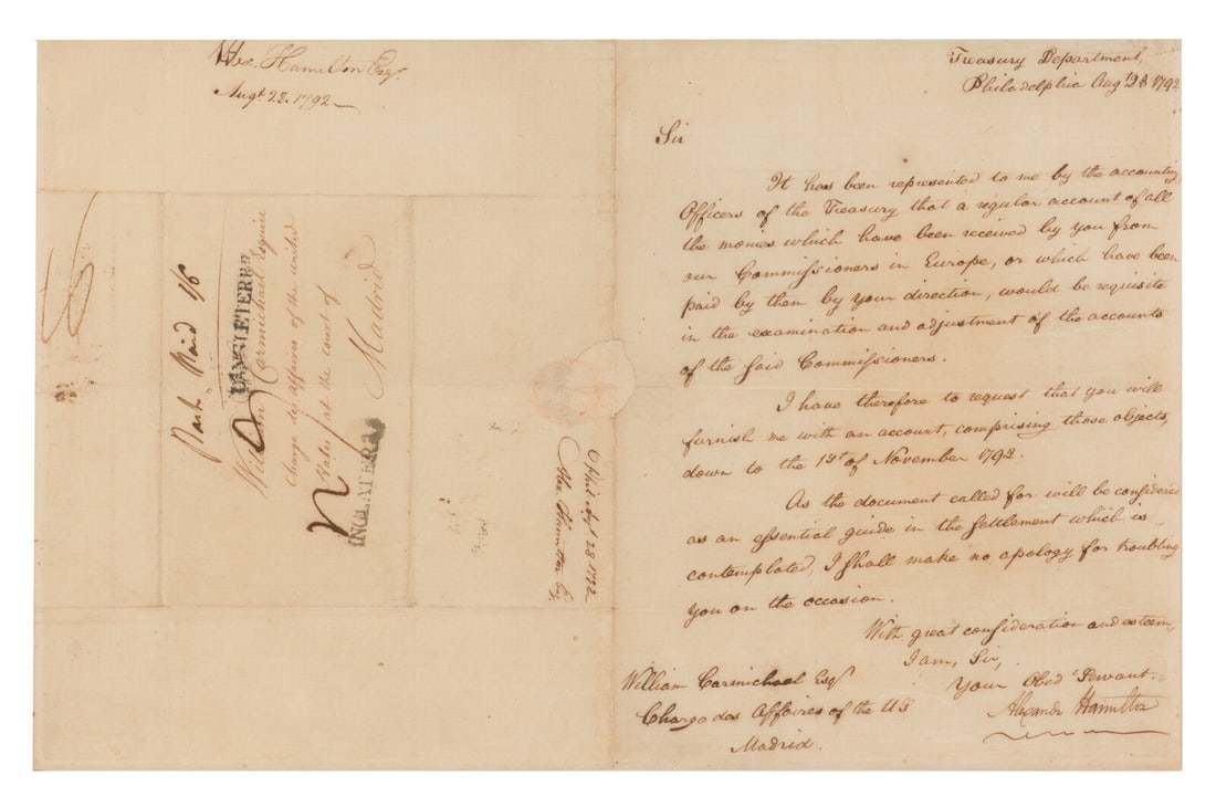 [FOUNDING FATHER]. HAMILTON, Alexander (1757-1804). Manuscript letter signed as Secretary of the (1 of 2)