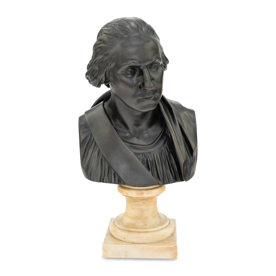 After Jean-Antoine Houdon, Bust of George Washington, 19th/20th century, bronze with dark brown: After Jean-Antoine Houdon Bust of George Washington, 19th/20th century bronze with dark brown patina inscribed "Houdon 1778" on the right shoulder, mounted on an alabaster socle 20 in. high With the e