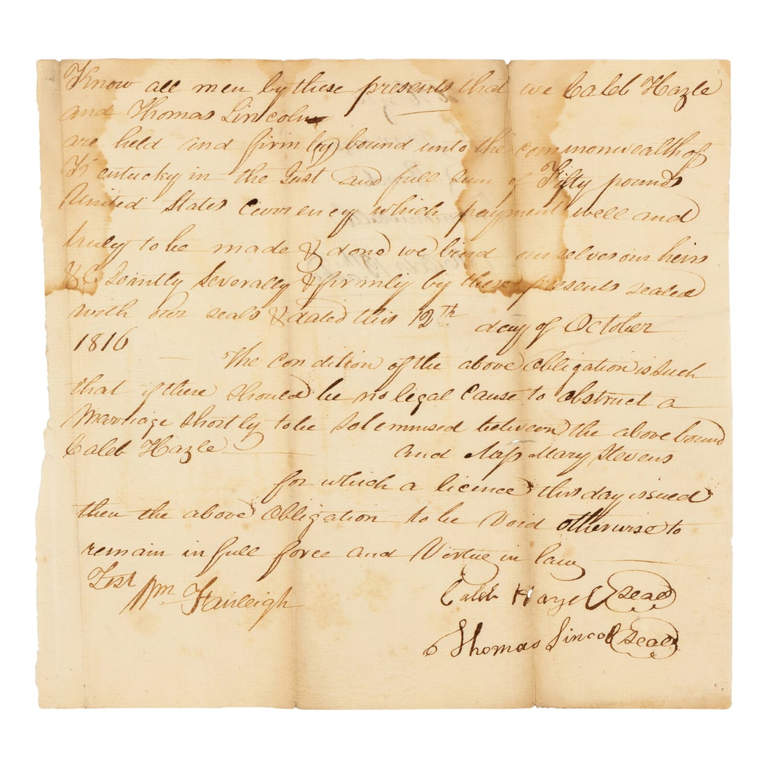 LINCOLN, Thomas (1778-1851). Manuscript marriage bond document signed ("Thomas Lincoln"), Knob (1 of 2)