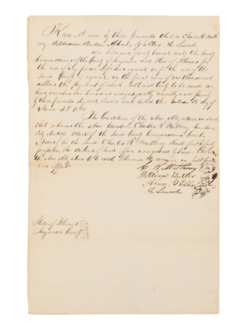 LINCOLN, Abraham (1809-1865). Manuscript document signed ("A. Lincoln"), [Springfield], 18 June (1 of 2)