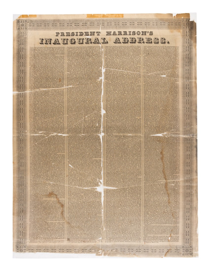 HARRISON, William Henry (1773-1841). President Harrison's Inaugural Address. Baltimore: J. Murphy,: HARRISON, William Henry (1773-1841). President Harrison's Inaugural Address. Baltimore: J. Murphy, n.d. [4 March 1841]. 23 x 17 1/4 in. broadside printed on silk. (Separations and tears with some loss