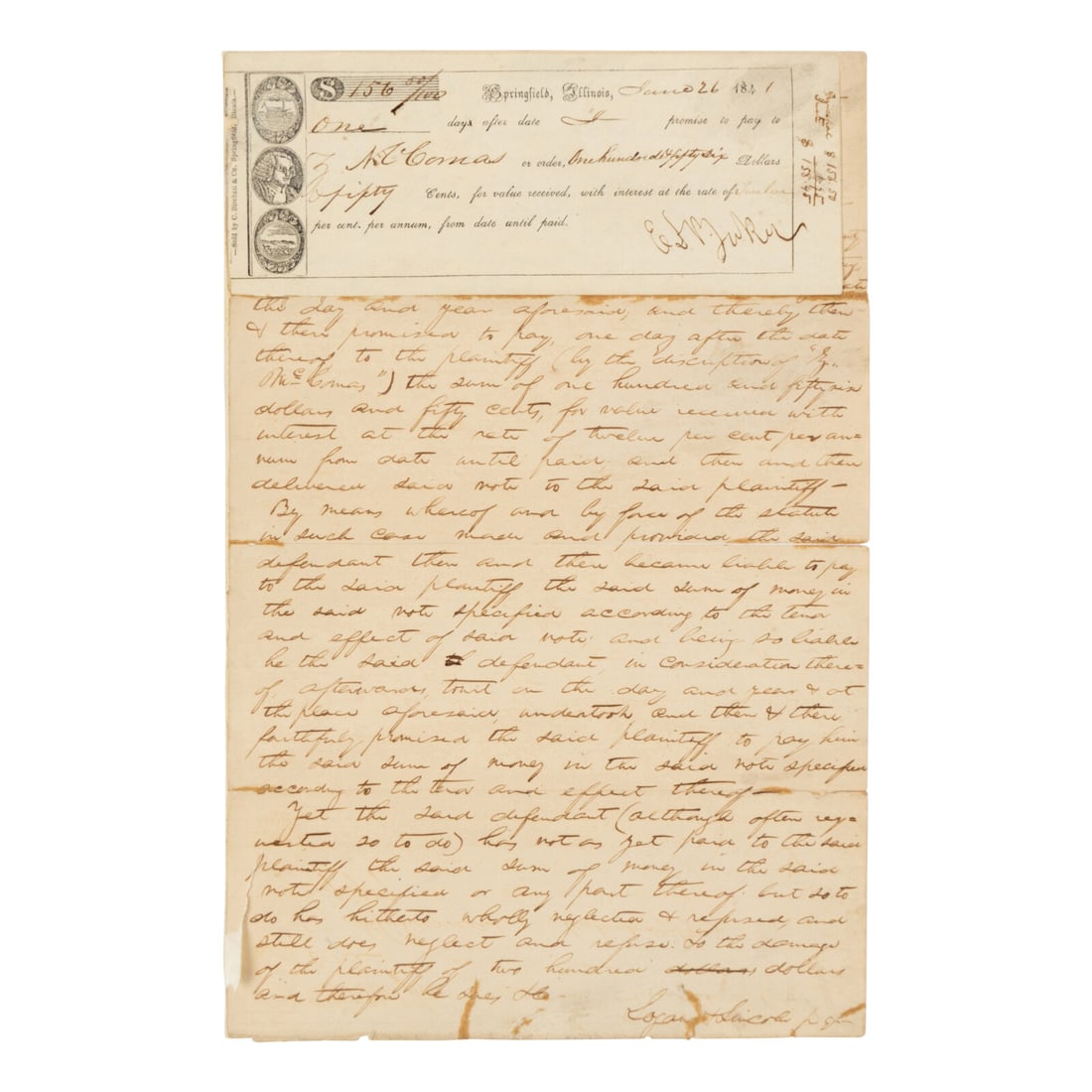 LINCOLN, Abraham (1809-1865). Autograph legal document, signed ("Logan & Lincoln"). Sangamon County, (1 of 1)