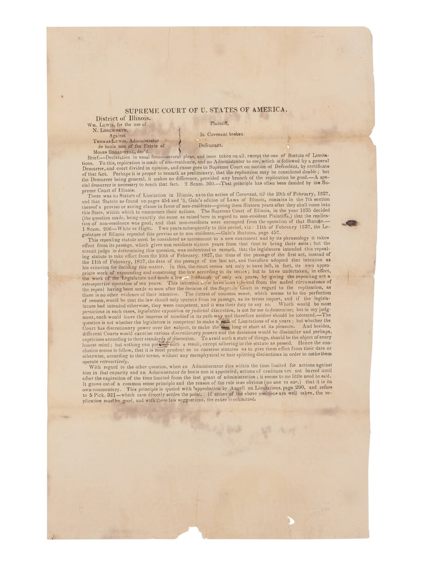 LINCOLN, Abraham (1809-1865). Supreme Court of U. States of America. District of Illinois. Wm. (1 of 2)