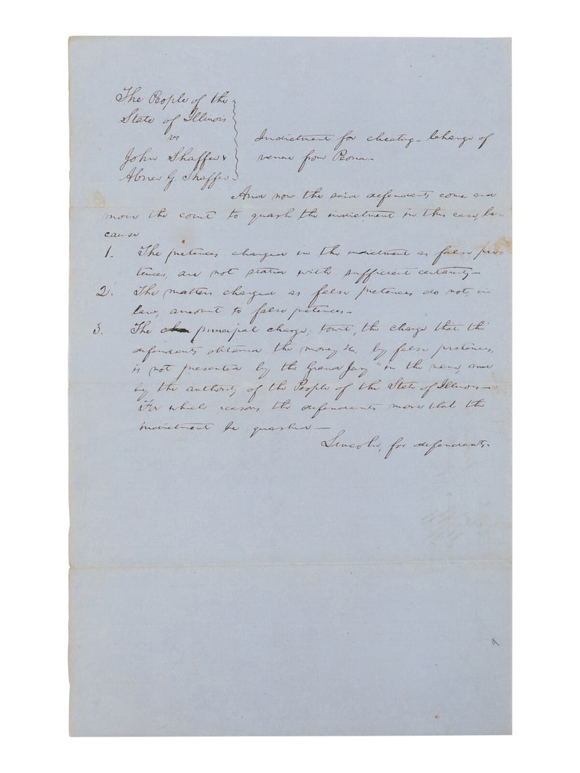 LINCOLN, Abraham (1809-1865). Autograph legal document signed ("A. Lincoln"), [Tazewell County, (1 of 2)