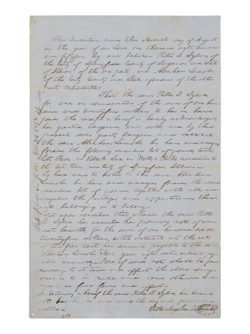 [LINCOLN, Abraham (1809-1865)]. Autograph document endorsed ("A. Lincoln"), Springfield, 11 August (1 of 2)