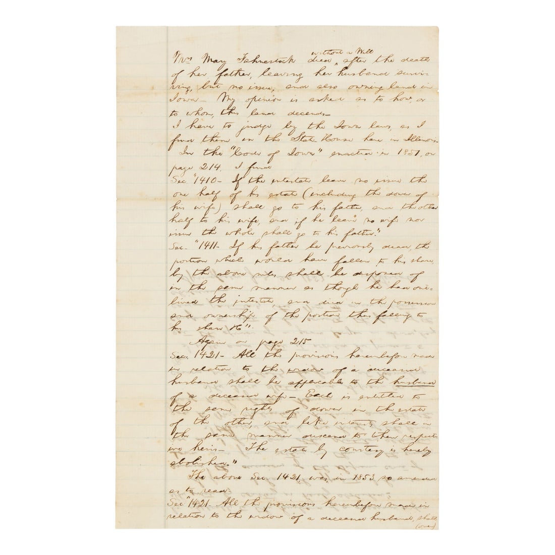 LINCOLN, Abraham (1809-1865). Manuscript legal document signed ("A. Lincoln") in the case of Mary (1 of 2)
