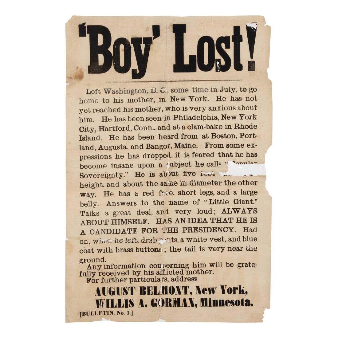 [1860 PRESIDENTIAL CAMPAIGN]. 'Boy' Lost! Left Washington DC...Answers to the name of "Little (1 of 1)