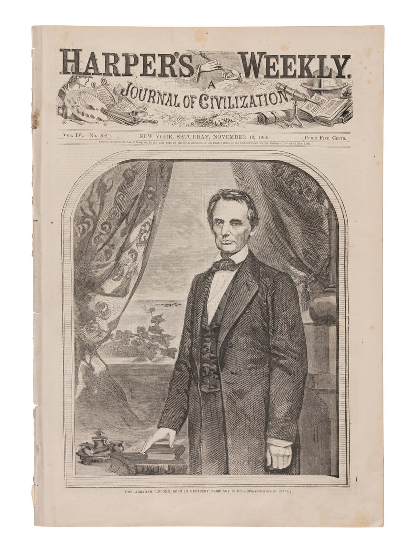 [LINCOLN-HAMLIN CAMPAIGN]. A pair of Harper's Weekly issues profiling Abraham Lincoln, comprising: (1 of 3)