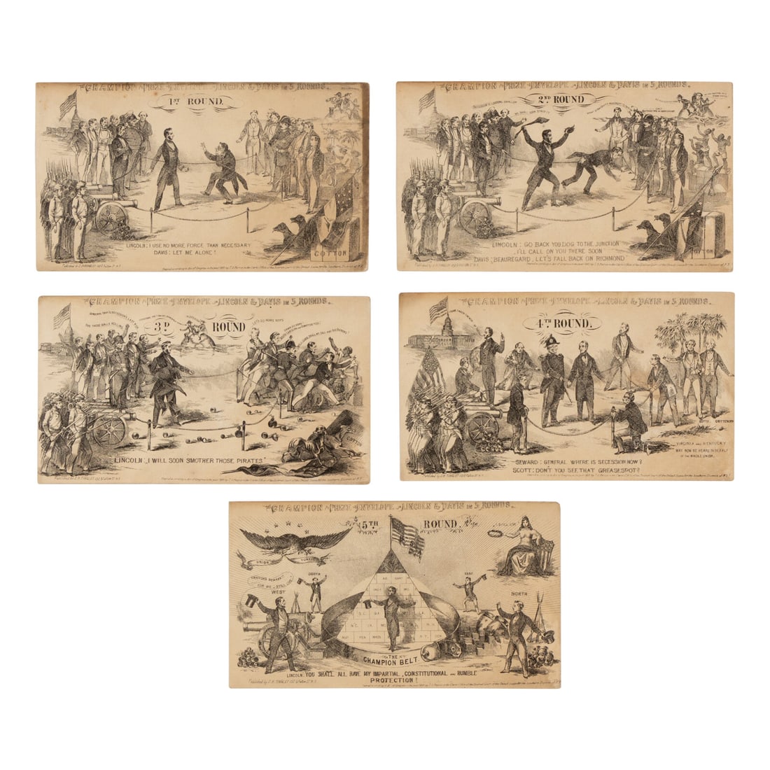 [LINCOLN, Abraham (1809-1865)]. A complete set of "Champion Prize Envelope Lincoln & Davis in 5: [LINCOLN, Abraham (1809-1865)]. A complete set of "Champion Prize Envelope Lincoln & Davis in 5 Rounds." New York: J.H. Tingley, 1861. 5 patriotic postal covers with wood-engraved vignettes, each